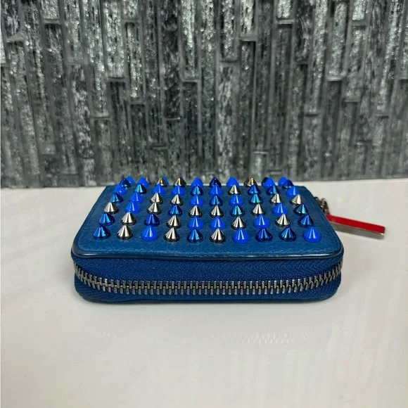 💙Christian Louboutin Panettone Blue Leather Multi Stud Spike Zip Wallet - Picture 4 of 14
